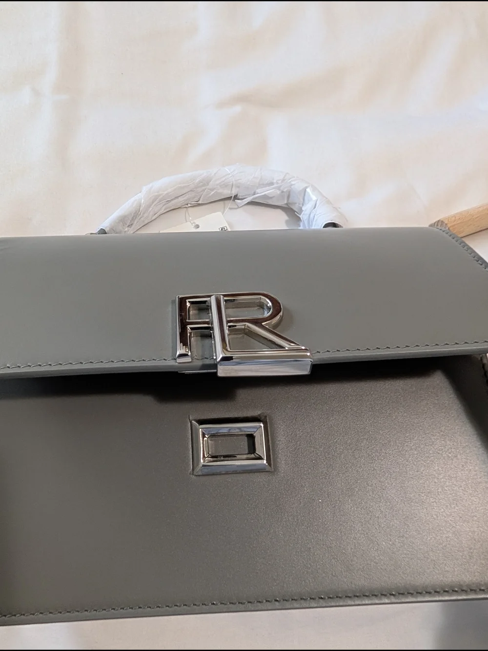 Ralph Lauren Gray Smooth Leather Top-Handle Crossbody with Silver RL Hardware